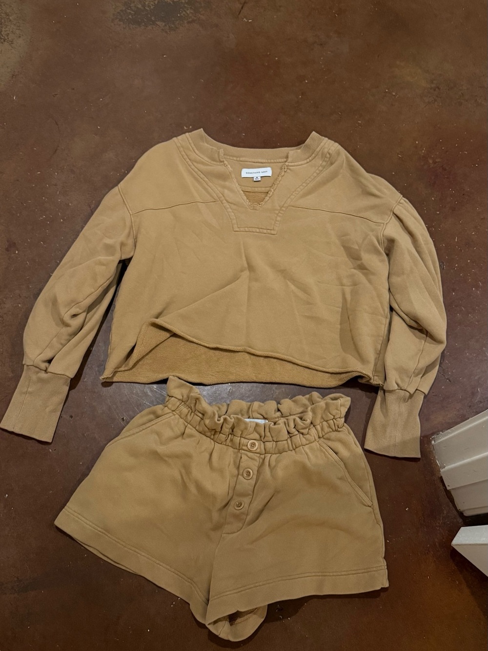 Something Navy Camel/Tan Sweatshirt and Paperbag Shorts Set